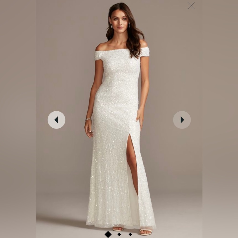 David’s Bridal Off-the-shoulder Sequins Wedding Dress with a slit Size 2